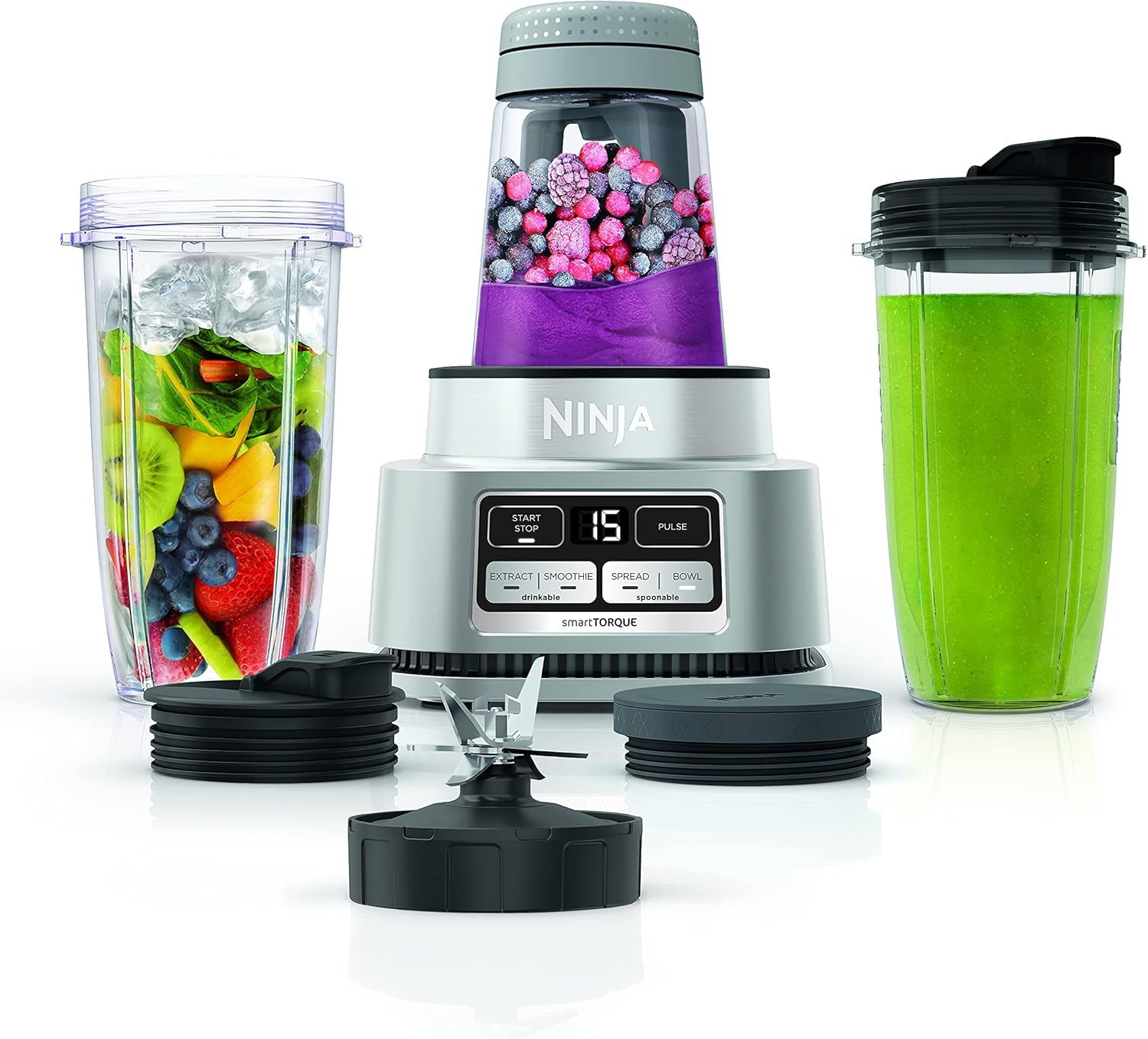 Ninja Foodi Personal Blender | Smoothie Bowl Maker with Storage Lid, Nutrient Extractor and Mixer | 1200-Peak-Watt smartTORQUE Motor | Hybrid Edge Blades, (2) 24-oz. Cups | Silver | SS101