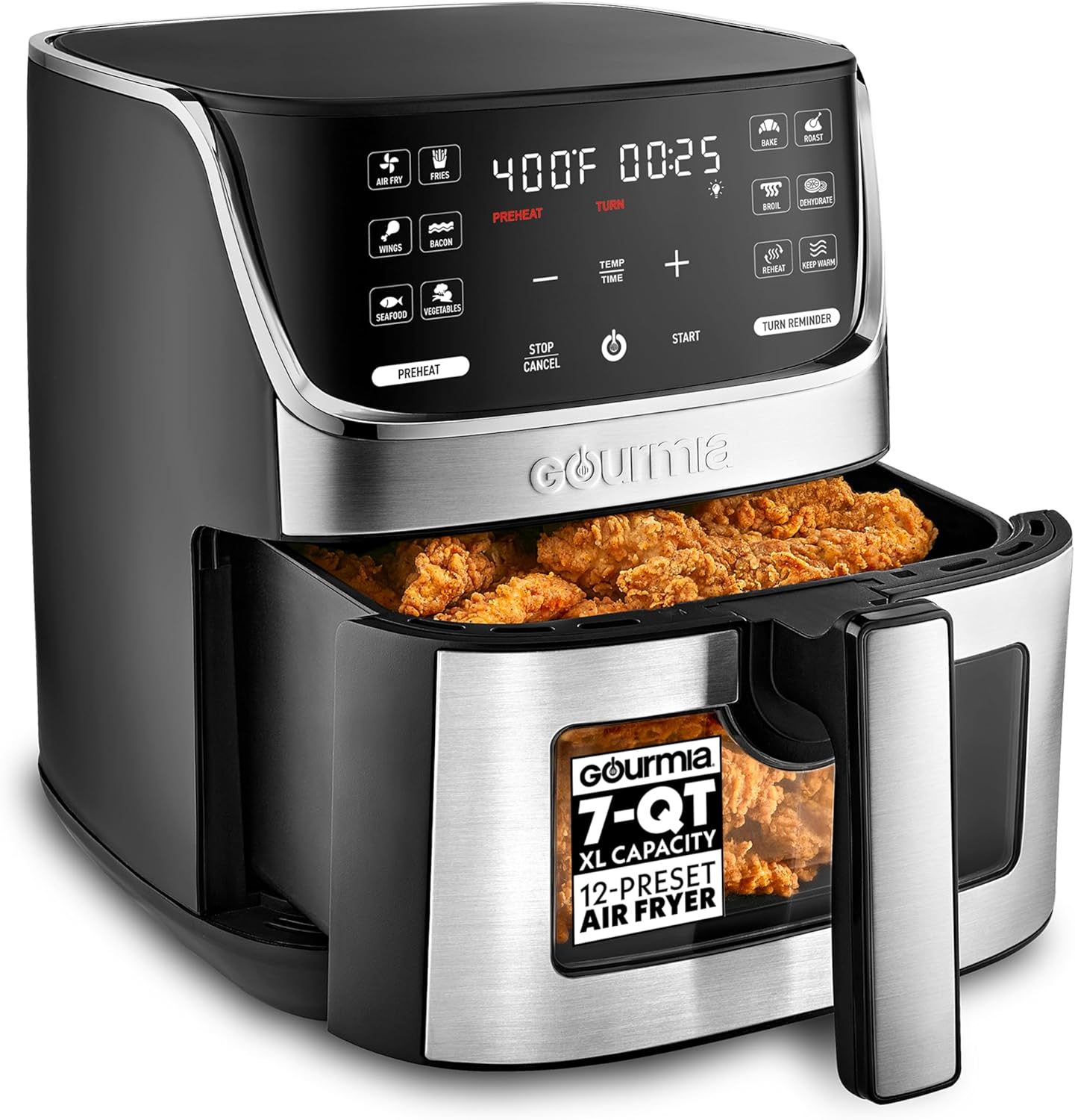 Gourmia Air Fryer – 7 Qt Large Capacity with LED Display, 12 One-Touch Presets, FryForce 360° Technology, Nonstick Dishwasher-Safe Basket & Crisper Tray, Stainless Steel