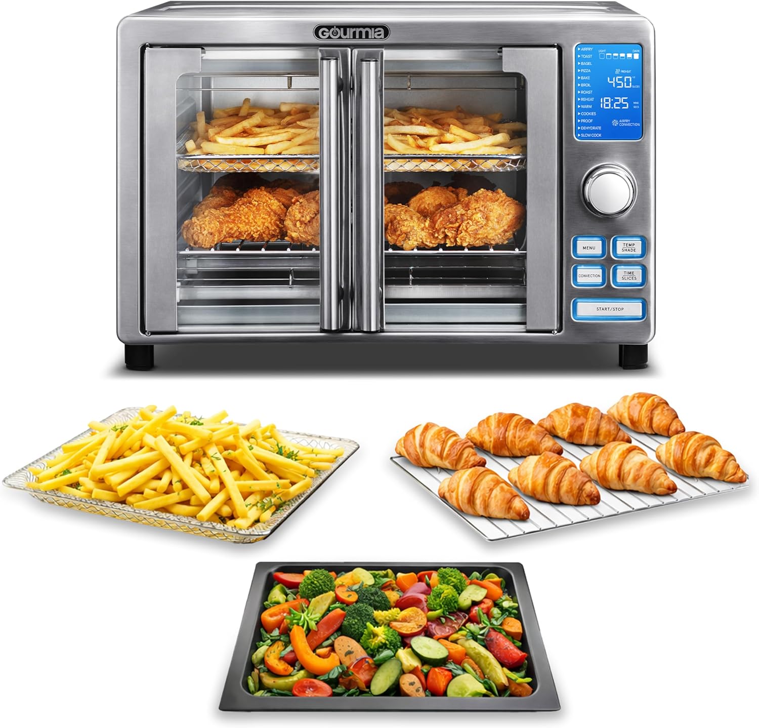 Gourmia Air Fryer French Door Toaster Oven – 6-Slice Capacity, LED Display with 14 Cooking Presets, Stainless Steel
