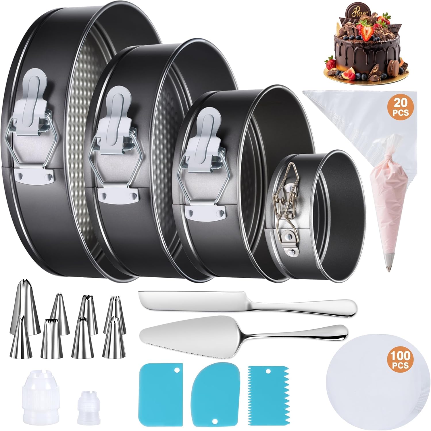 139PCS Springform Cake Pan Set – 4 Non-stick Cheesecake Pans(4/7/9/10-Inch) + Cake Decorating Supplies: Parchment Paper, Pastry Bags and Tips, Icing Scrapers, Cake Cutting Set & More