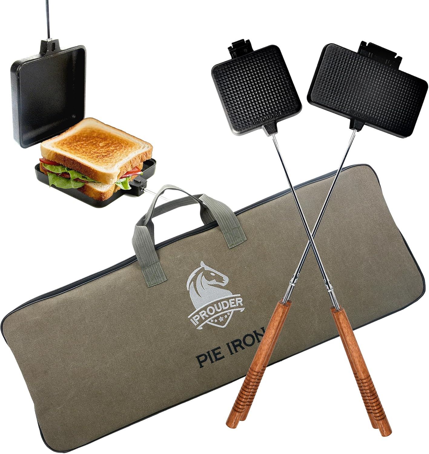 Campfire Pie Iron 4.9″ & 8.6″ Large Cast Iron Sandwich Maker for Camping 2 Pcs with Storage Bag – 22.6 inch Thickened Handles – Campfire Cooking Equipment for Grilling & Outdoor Cooking