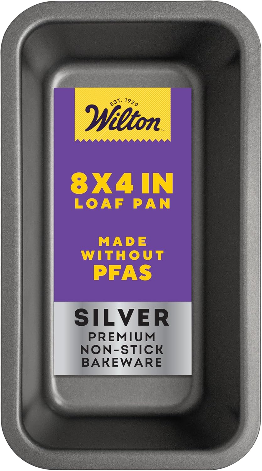 Wilton Silver Non Stick Loaf Pan, Bread and Meatloaf Pan, Made without PFAS, Durable Steel, Even Heating, 8 x 4 Inch