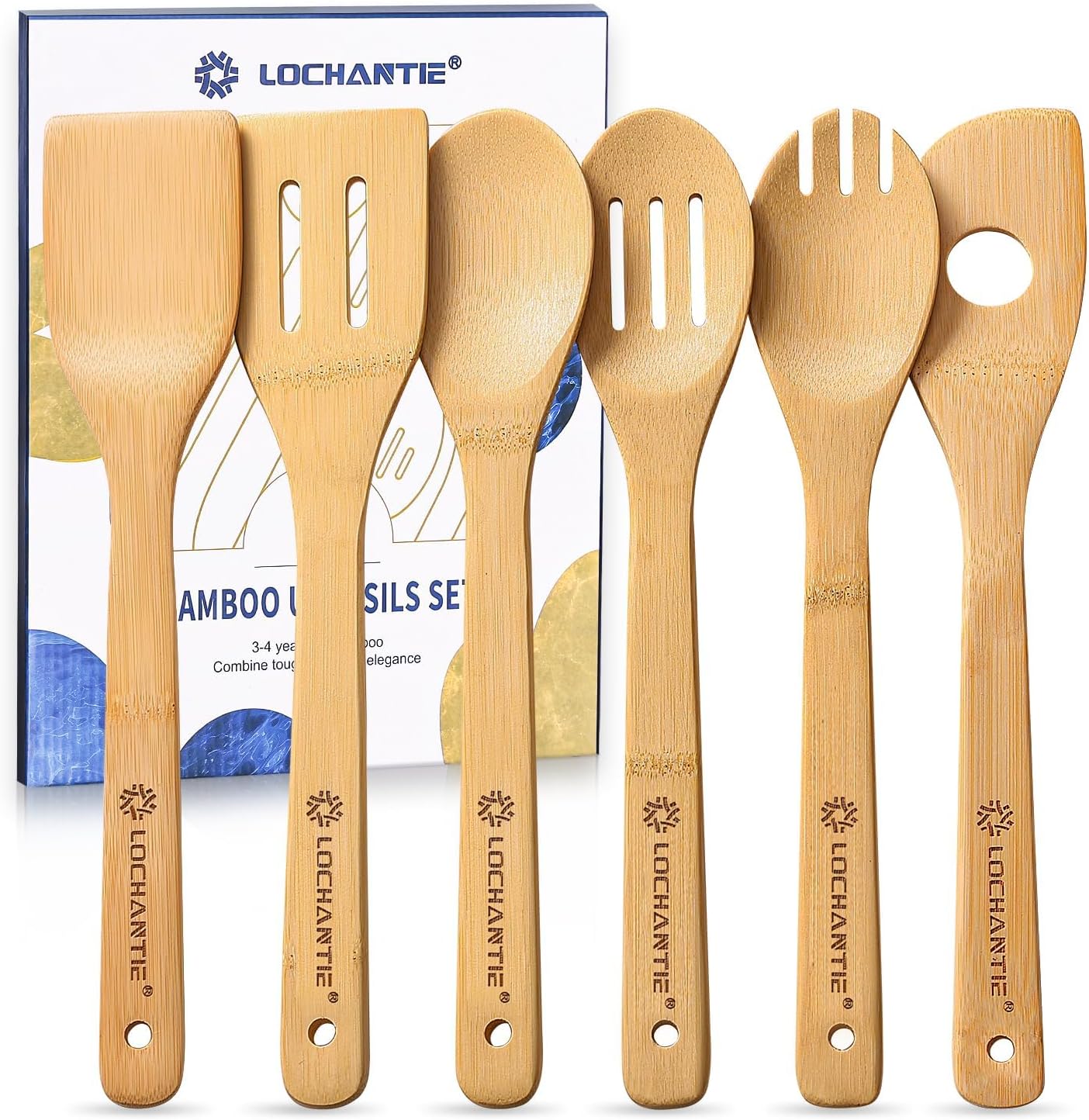 Wooden Spoons for Cooking Bamboo Utensils Set (6 Pieces) – Essential Tools Wooden Spoons & Spatula for Everyday Stirring, Mixing, Flipping & Serving, Gentle on Nonstick Cookware
