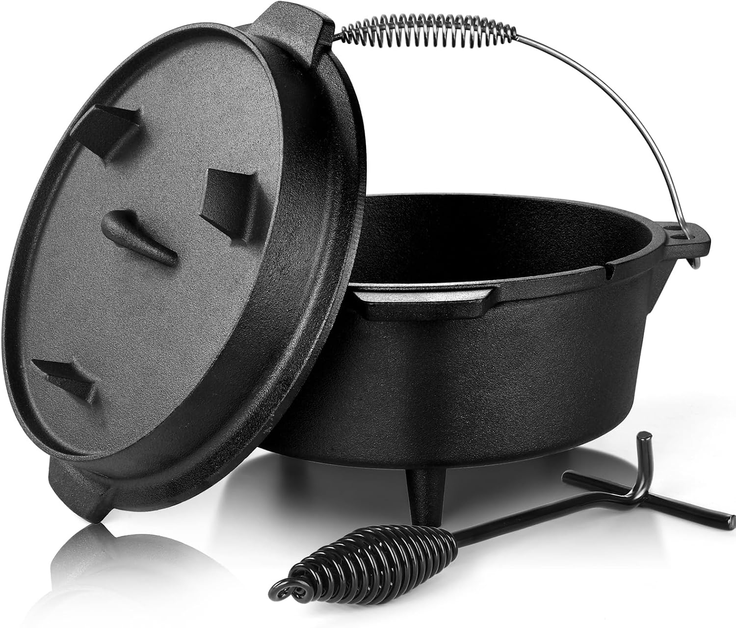 Leonyo 5QT Camping Dutch Oven with Lid, Pre-Seasoned Cast Iron Camp Dutch Oven with Lid Lifter for Campfire Cooking, Baking and Stews, Durable Cast Iron Pot for Camping and Hiking