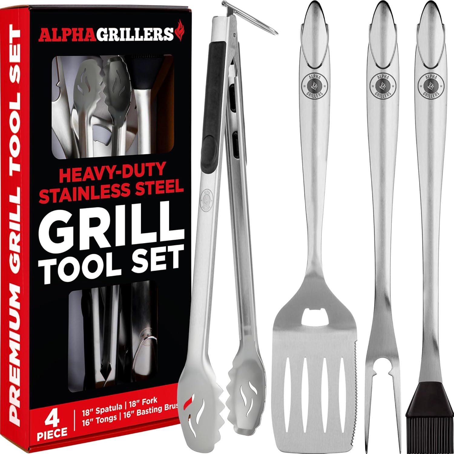 Alpha Grillers Grilling Accessories – BBQ Accessories Grill Set with Spatula, Fork, Brush & Tongs – Outdoor Barbecue Utensils Fathers Day Gift for Dad Husband Men Him Boyfriend