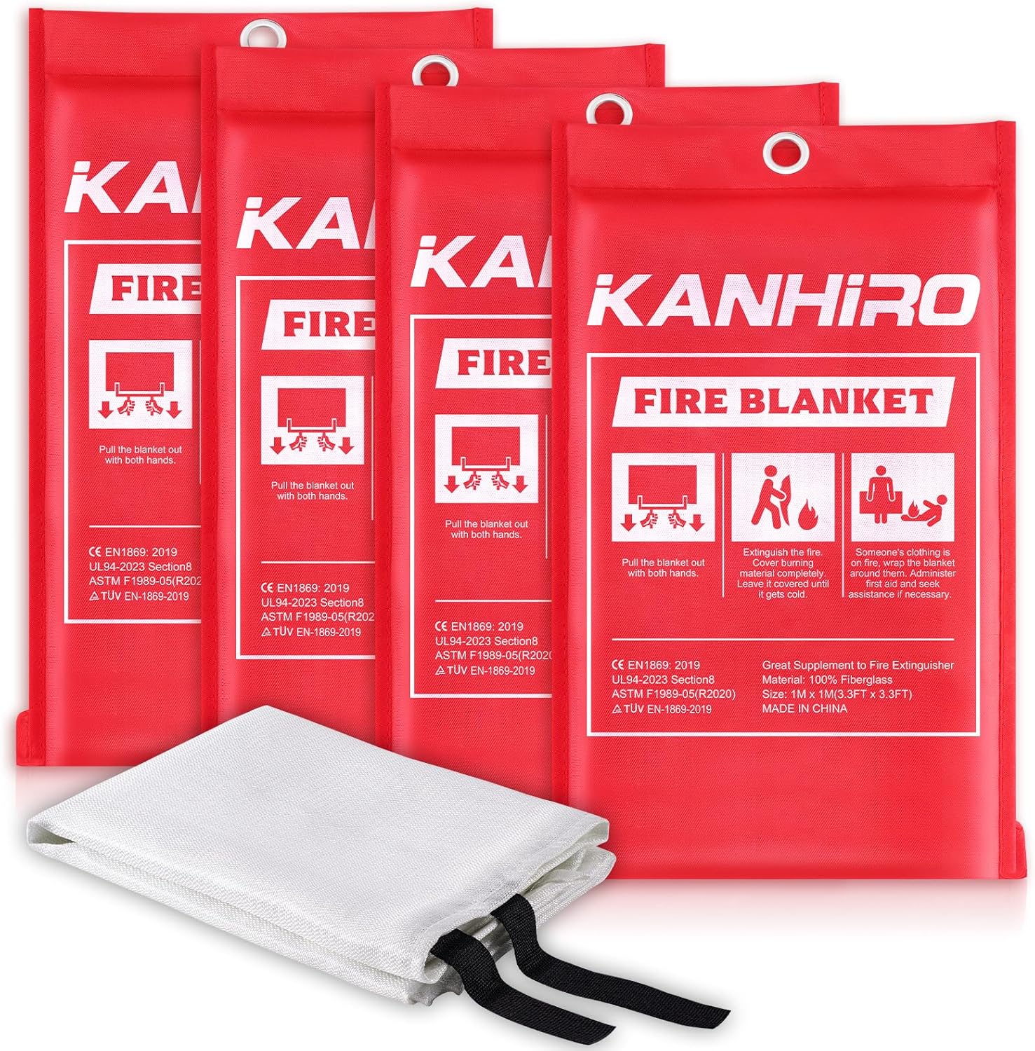 Emergency Fire Blanket for Home Kitchen – KANHIRO Fiberglass Fire Suppression Blanket Great for School, Fireplace, Grill, Car, Office, Warehouse (4 Pack, 40″x40″)