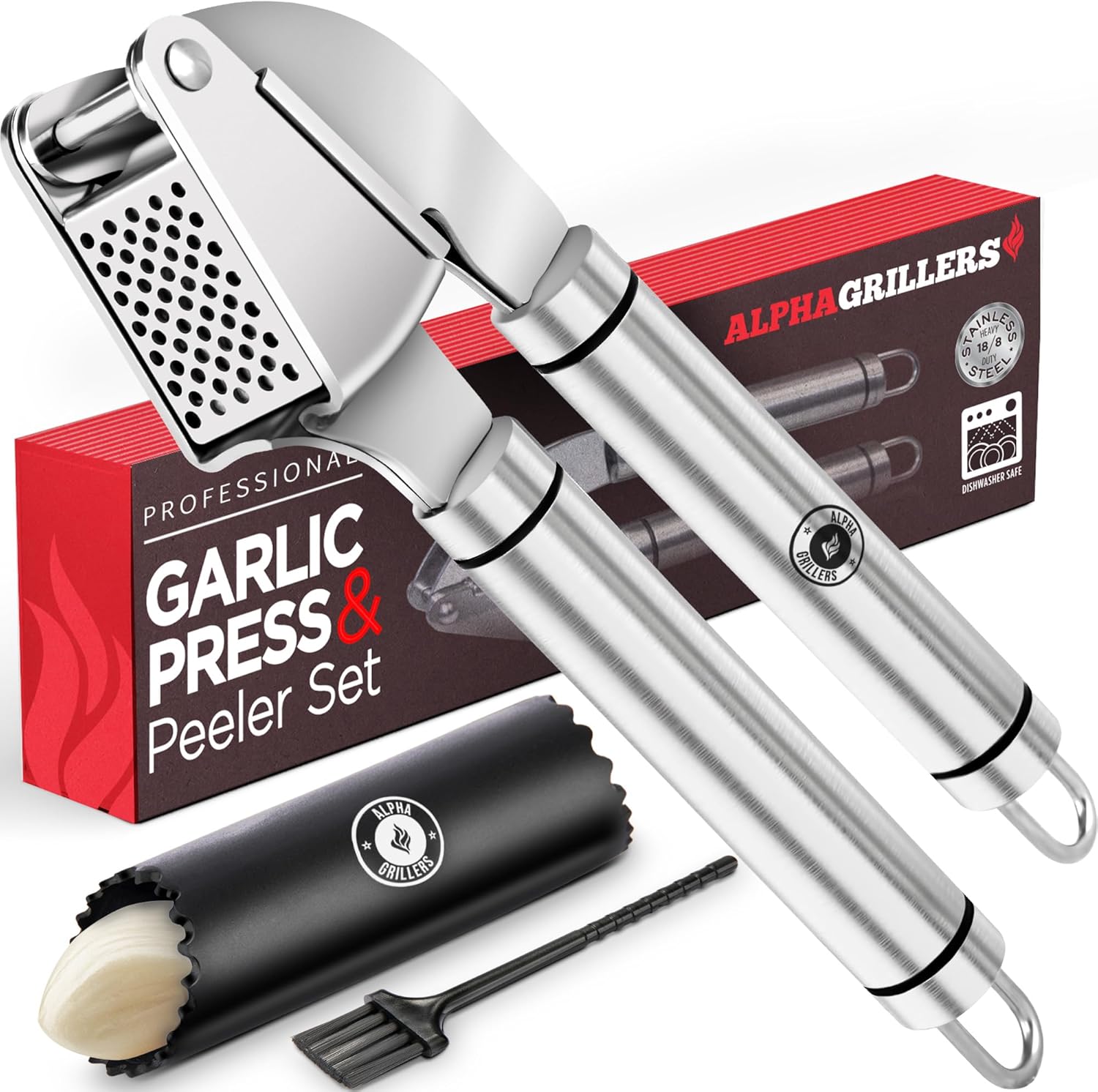 Alpha Grillers Garlic Press Stainless Steel – Easy to Clean, Rust-Proof, Dishwasher Safe – Stainless Steel Garlic Press, Mincer, Crusher with Silicone Peeler & Cleaning Brush