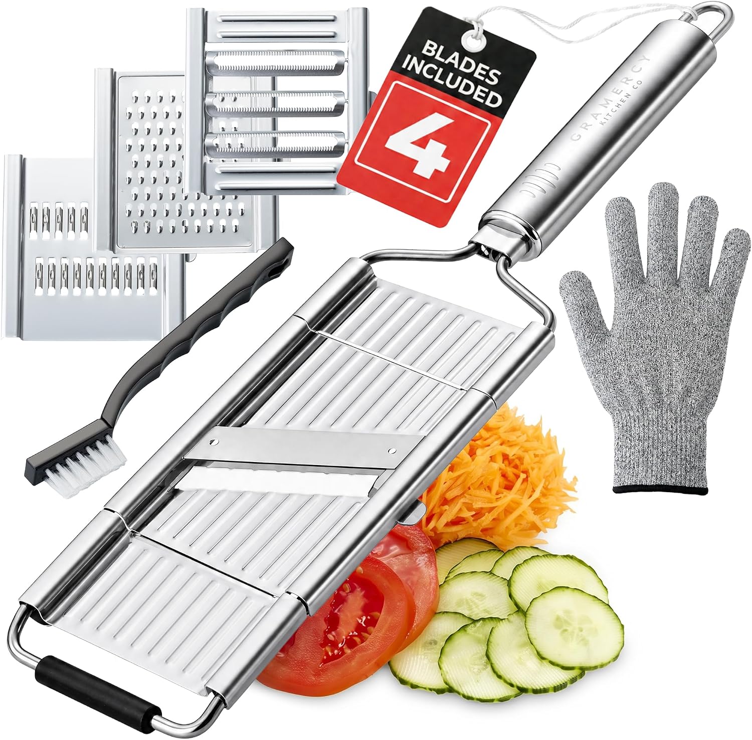 Gramercy Handheld Mandoline Slicer for Kitchen – Stainless Steel Veggie & Fruit Slicer with 4 Blades – Slicer, Julienne & Grater; Cut Resistant Safety Glove & Cleaning Brush Included; Dishwasher Safe