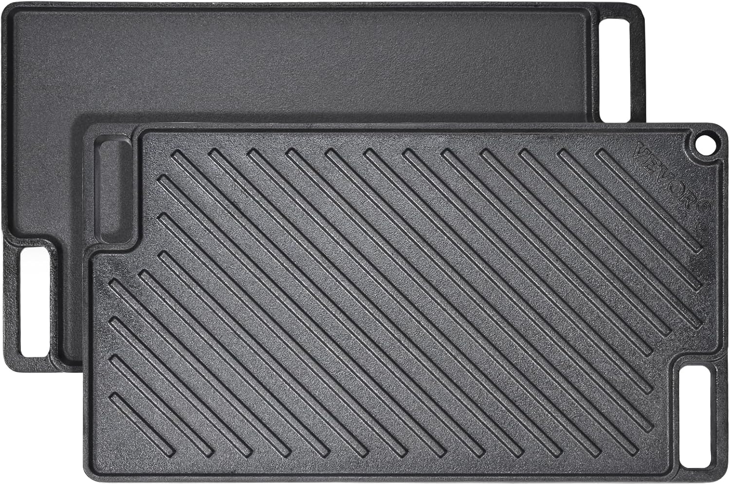VEVOR Reversible Grill/Griddle, 9.7″x16.7″ Pre-Seasoned Cast Iron Griddle, Rectangular Double Burner Griddle Pan, Non-Stick Family Pan Cookware with Handles, Flat Top Plate for BBQ, Gas Grill, Black