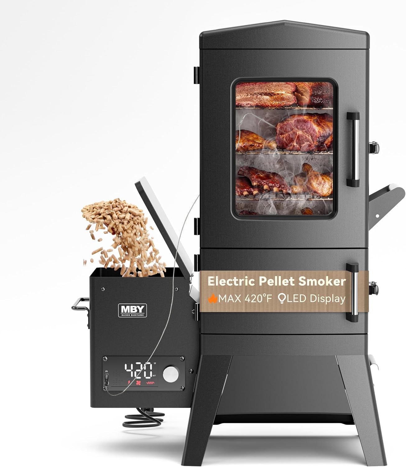 Electric Pellet Smoker with Rainproof Cover & Meat Probe, Vertical Pellet Smoker Grill with LED Display Temperature Control, 616 Sq.in, 4-Rack for Ribs, Brisket, Chicken