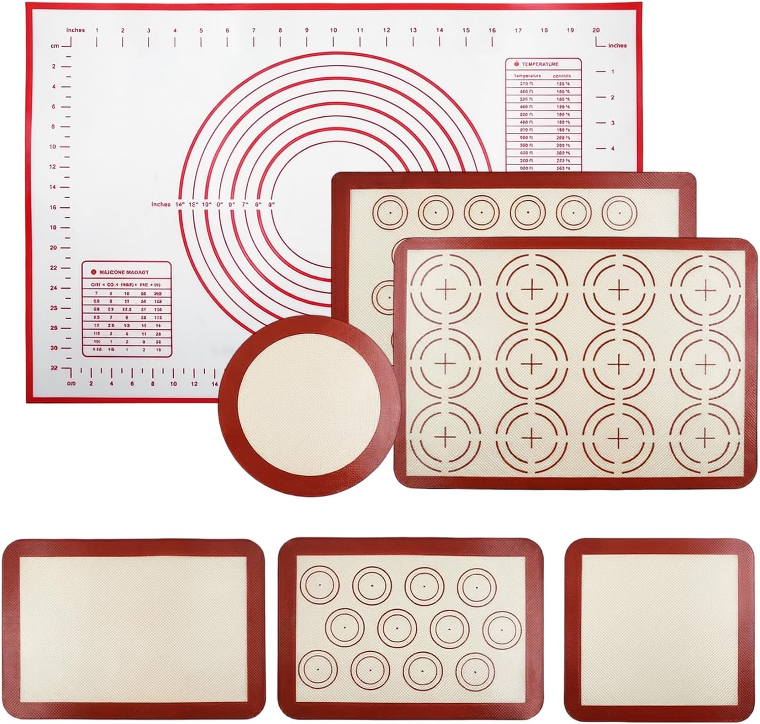 Non-stick Silicone Baking Mat Set of 7, Large Baking Silicone Mat Oven Liner Sheet Reusable, Round Square Cake Mats Tools Accessories, Baking Mats with Measurements for Macaron Dough Pastry red