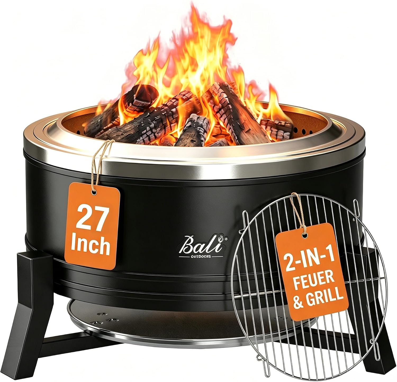 BALI OUTDOORS 27 inch Smokeless Firepit Outdoor, Outdoor Fire Pit Patio with Ash Pan, Portable Fire Pit Wood Burning