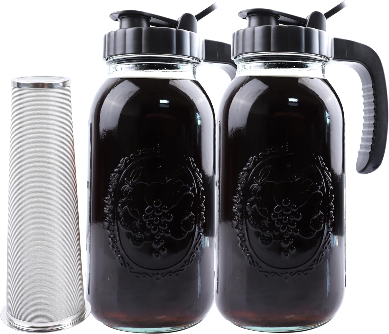 Cold Brew Coffee Maker Half Gallon 2 Set Glass Mason Jar Pitcher With Spout Lid Filter 2 Quart Wide Mouth Iced Tea Brewing Jug Heavy Duty Handle Airtight & Leak-Proof Pitcher For Fridge Sun Tea 64 OZ