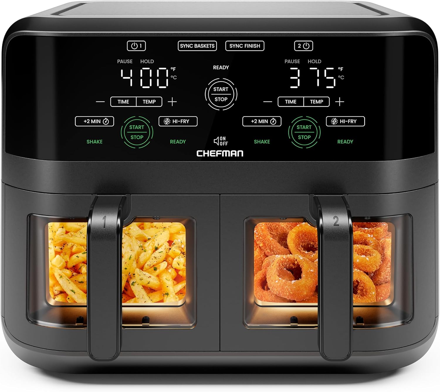 CHEFMAN 6 Quart Dual Basket Air Fryer Oven with Easy View Windows, Sync Finish, Hi-Fry, Auto Shutoff, 2 Independent 3Qt Nonstick Dishwasher Safe Frying Baskets, Digital Double Air Fryer – Black