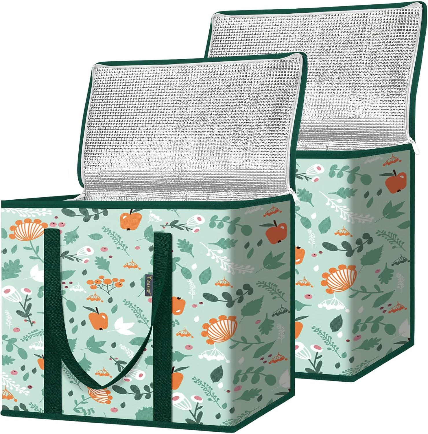 BALEINE 2Pk Insulated Reusable Grocery Bags, Collapsible Cooler Bag for Groceries, Heavy Duty Large Insulated Bag (16”x9”x13”, Spring Stroll)