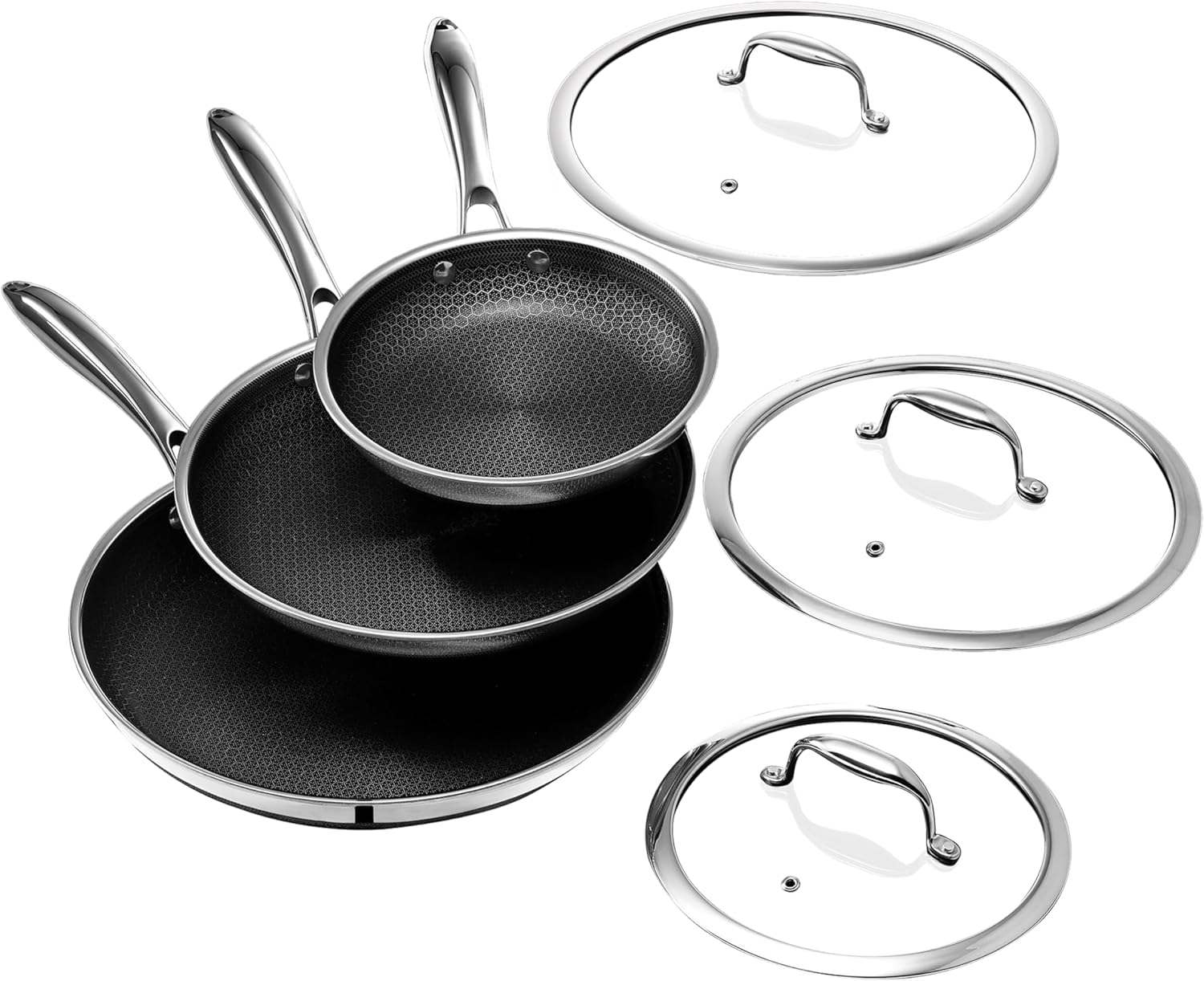 HexClad 6 Piece Hybrid Nonstick Frying Pan Set, 8, 10 and 12-Inch Frying Pans with Lids, Stay-Cool Handles, Dishwasher and Oven Safe, Induction Ready, Compatible with All Cooktops