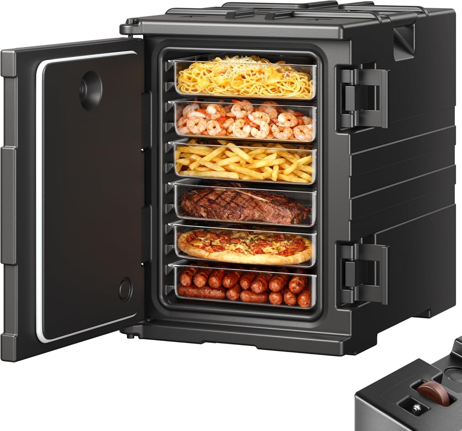 VEVOR Insulated Food Pan Carrier, 95 Qt Hot Box for Catering, LLDPE Food Box Carrier w/Double Buckles, Front Loading Food Warmer w/Handles, Stackable End Loader for Restaurant, Canteen, etc. Black