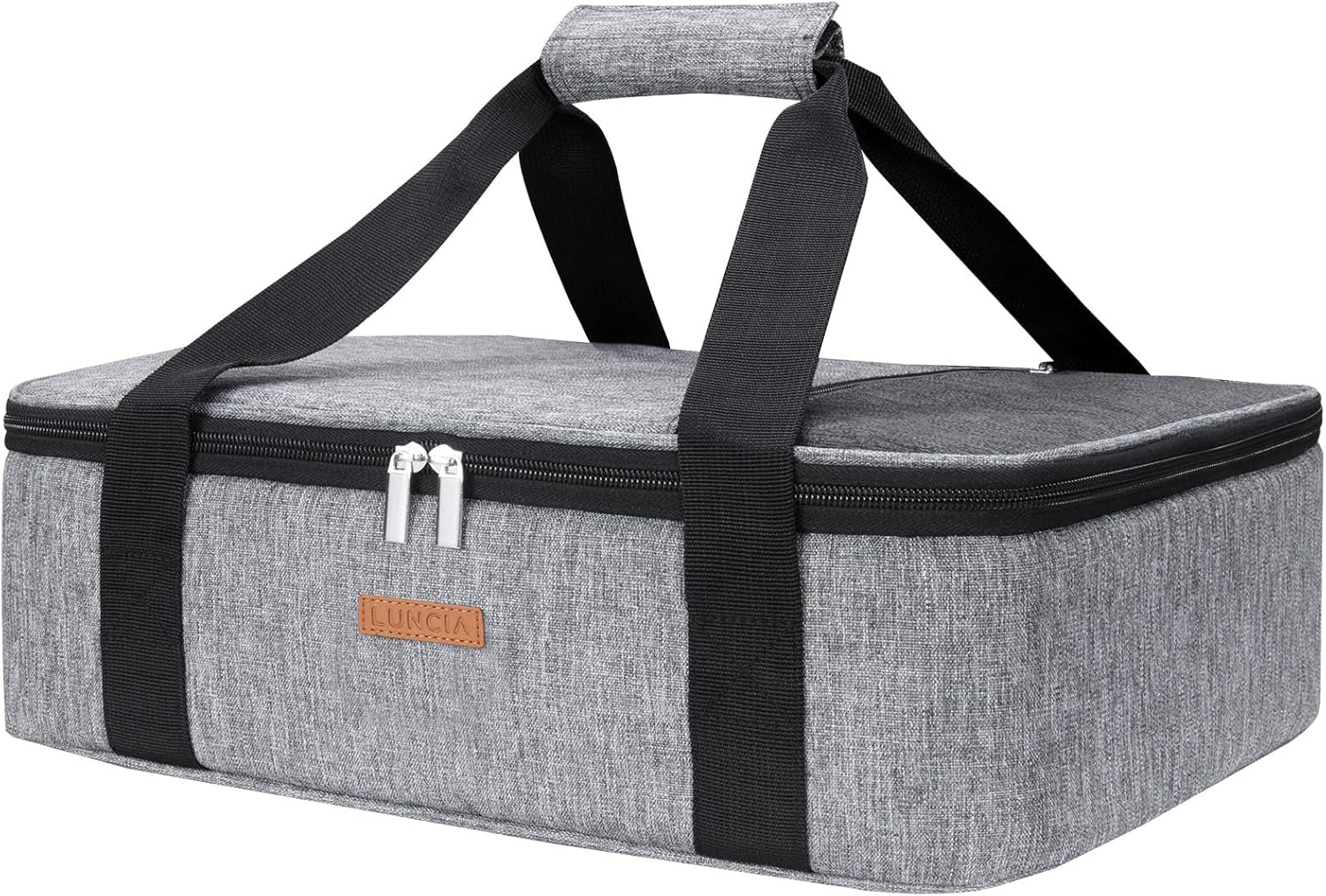 LUNCIA Insulated Single Decker Casserole Carrier, Lasagna Lugger Tote Keeps Food Hot or Cold, Thermal Lunch Bag for Potluck Parties, Picnic and Cookouts, Fits 9″ x 13″ Baking Dish, Grey
