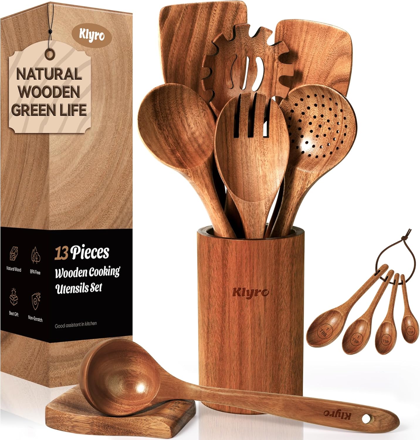 KLYRO Wooden Spoons for Cooking, Nonstick Kitchen Utensils Set with 4 Piece Measuring Spoons, Comfort Grip Wooden Spatula Set, 9 Piece Teak Wooden Cooking Utensils with Holder and Spoon Rest