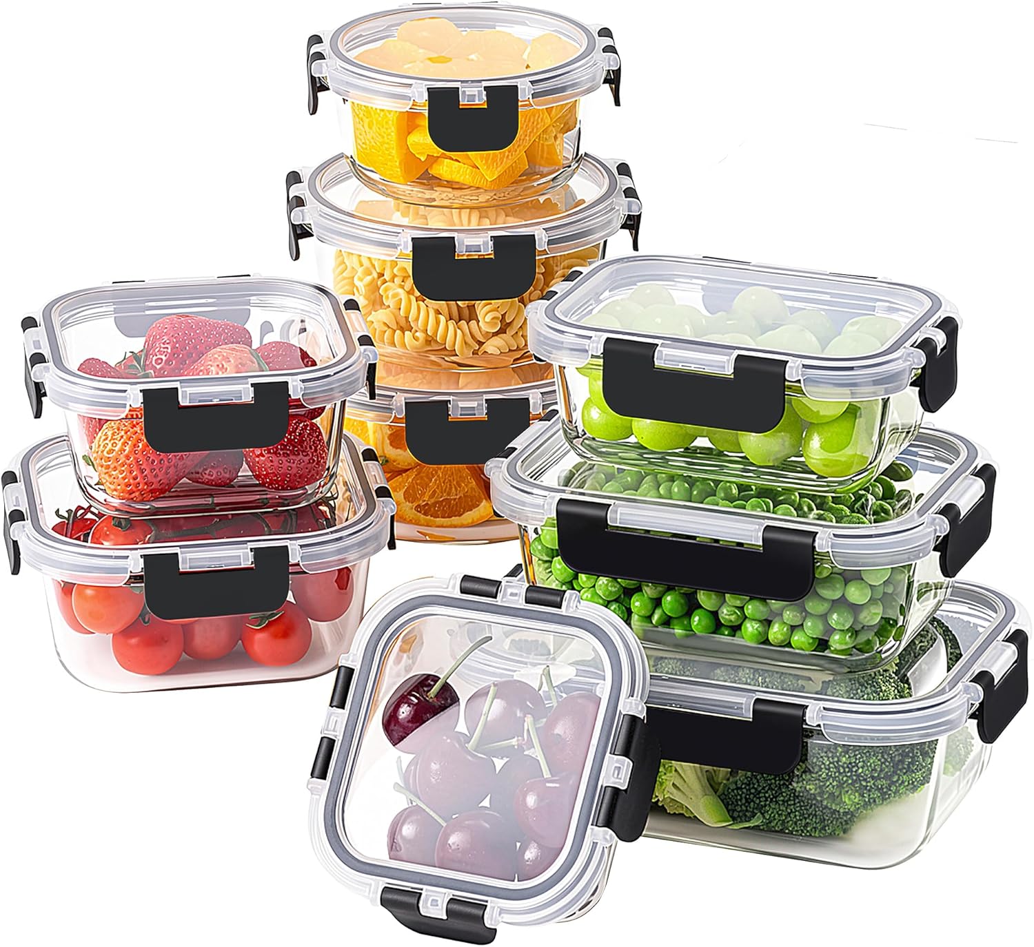 HOMBERKING 18 Piece Glass Food Storage Containers with Lids, Glass Meal Prep Containers, Airtight Lunch Bento Boxes, BPA-Free & Leak Proof, Oven, Freezer and Dishwasher Safe (9 lids & 9 Containers)