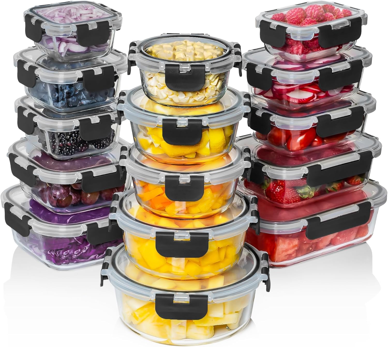 Razab 30 PC Glass Food Storage Containers with Lids – Reusable Glass Meal Prep Containers for Lunch and Leftovers – Airtight & Leakproof Snap Locking Lids – Oven, Freezer, Microwave, Dishwasher Safe