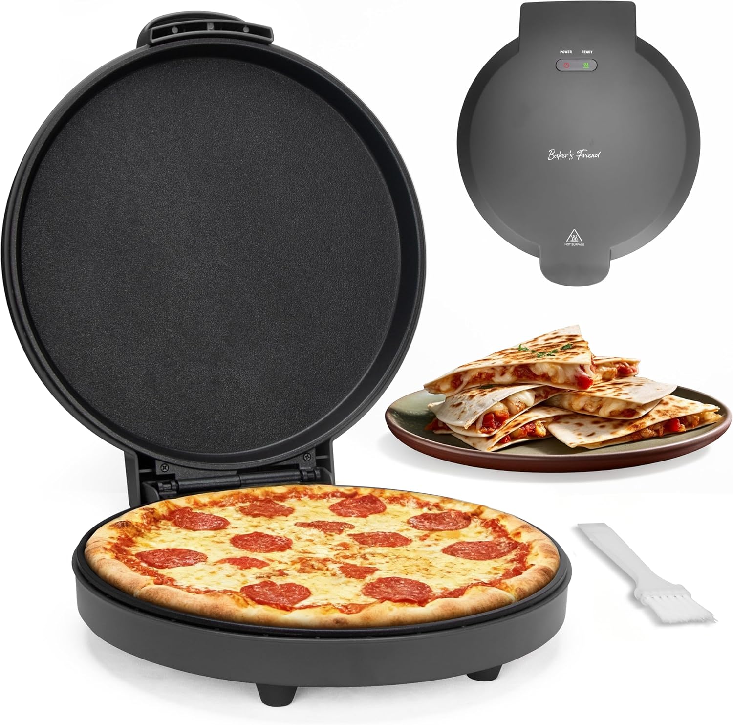 Baker’s Friend Countertop Pizza Maker Electric, 12 Inch Pizza Maker Machine for Home, Quesadilla Maker, Non-stick Cooking Plates,Horno Para Pizza, 1400W, Graphite
