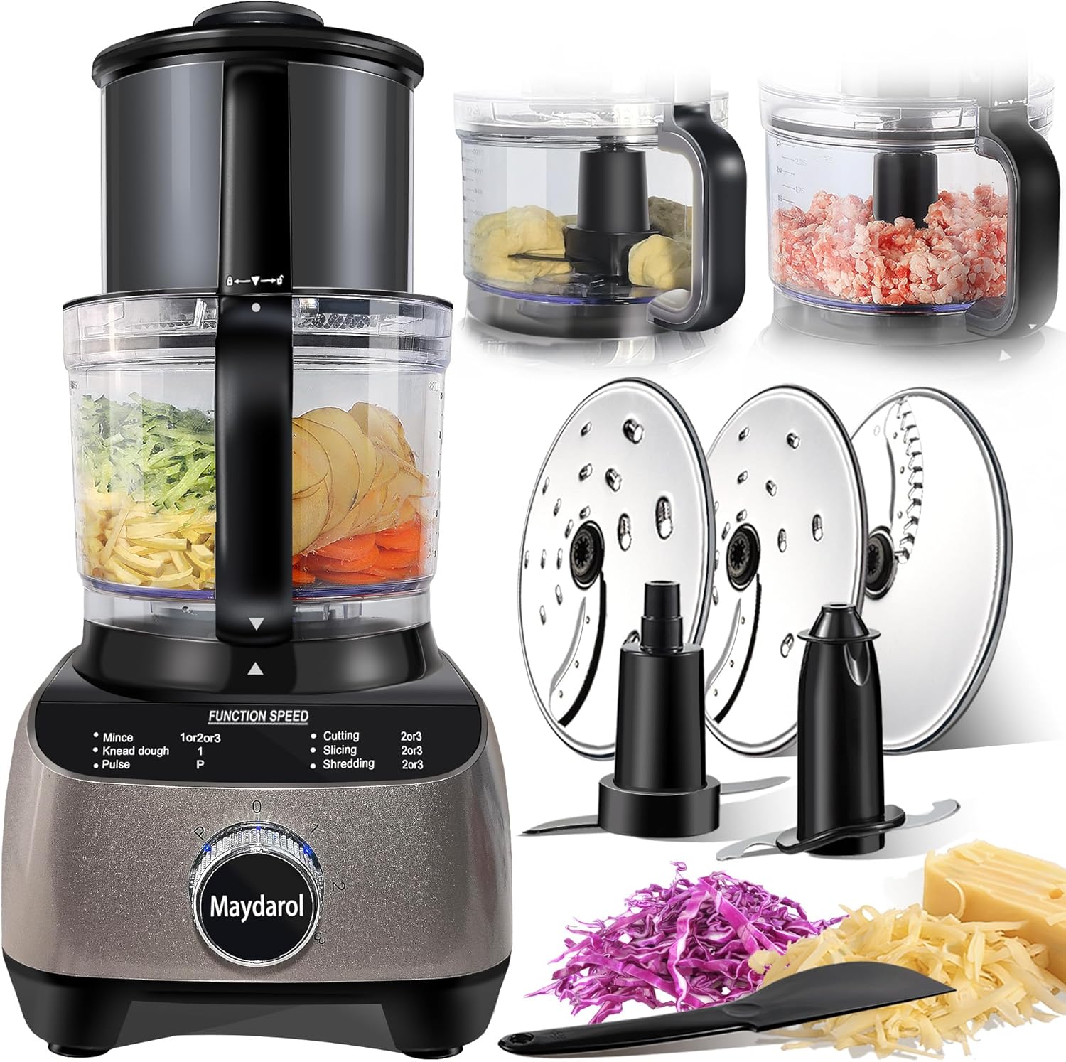 14 Cup Large Food Processor, XL Bowl, Large Chute for Blending, Mixing, Shredding, and Slicing, Meat and Vegetable Chopping, Doughing, All in One for kitchen,4 Speeds, 600W