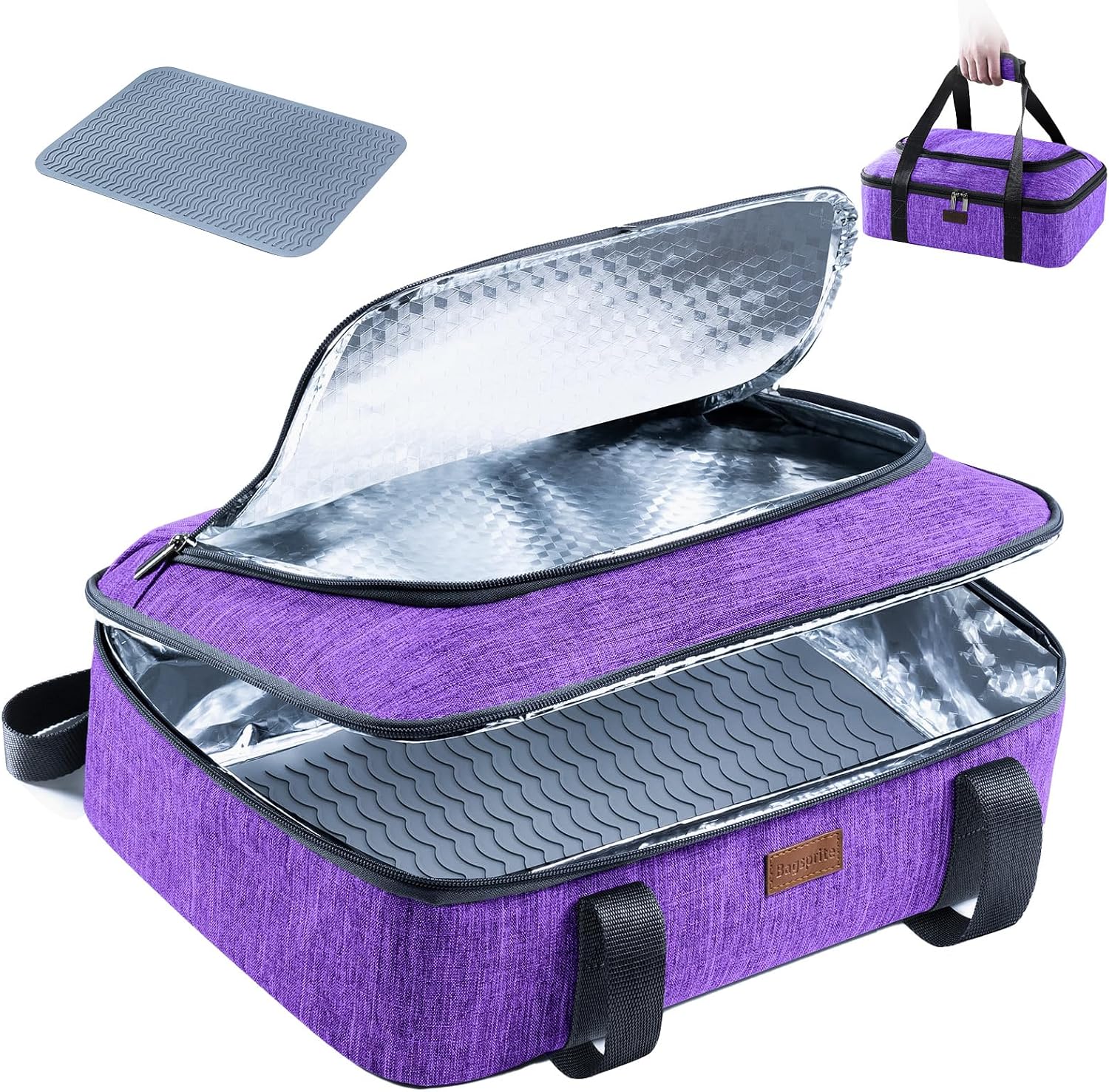 BAGSPRITE Insulated Casserole Carrier for Hot or Cold Food with Heat-resistant Mat, Casserole Dish Carrier Insulated Food Carrier, Hot Food Carrier, Foil Pan Carrier Fits 9″ x 13″ Baking Dish