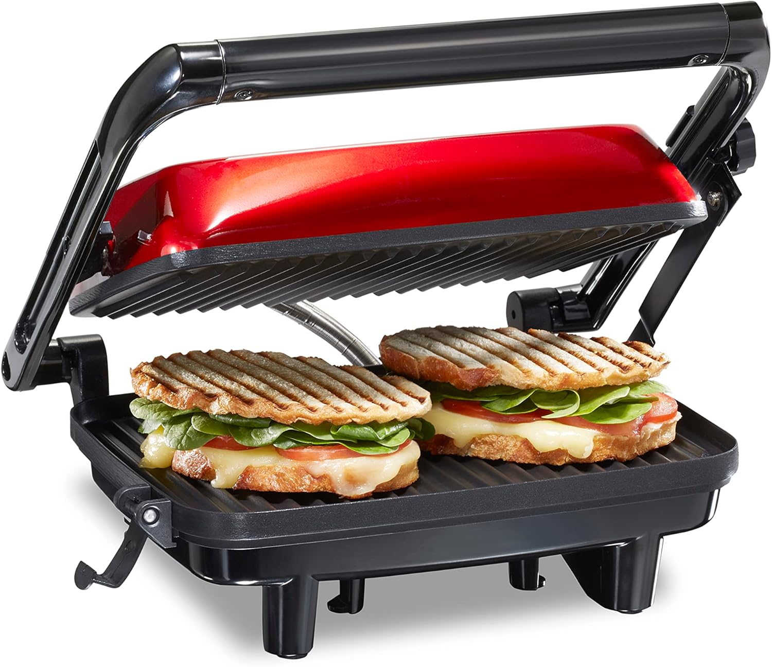 Hamilton Beach Panini Press Sandwich Maker & Electric Indoor Grill with Locking Lid, Opens Wide to Fit Any Thickness for Quesadillas, Burgers & More, Nonstick 8″ x 10″ Grids, Red (25462Z)