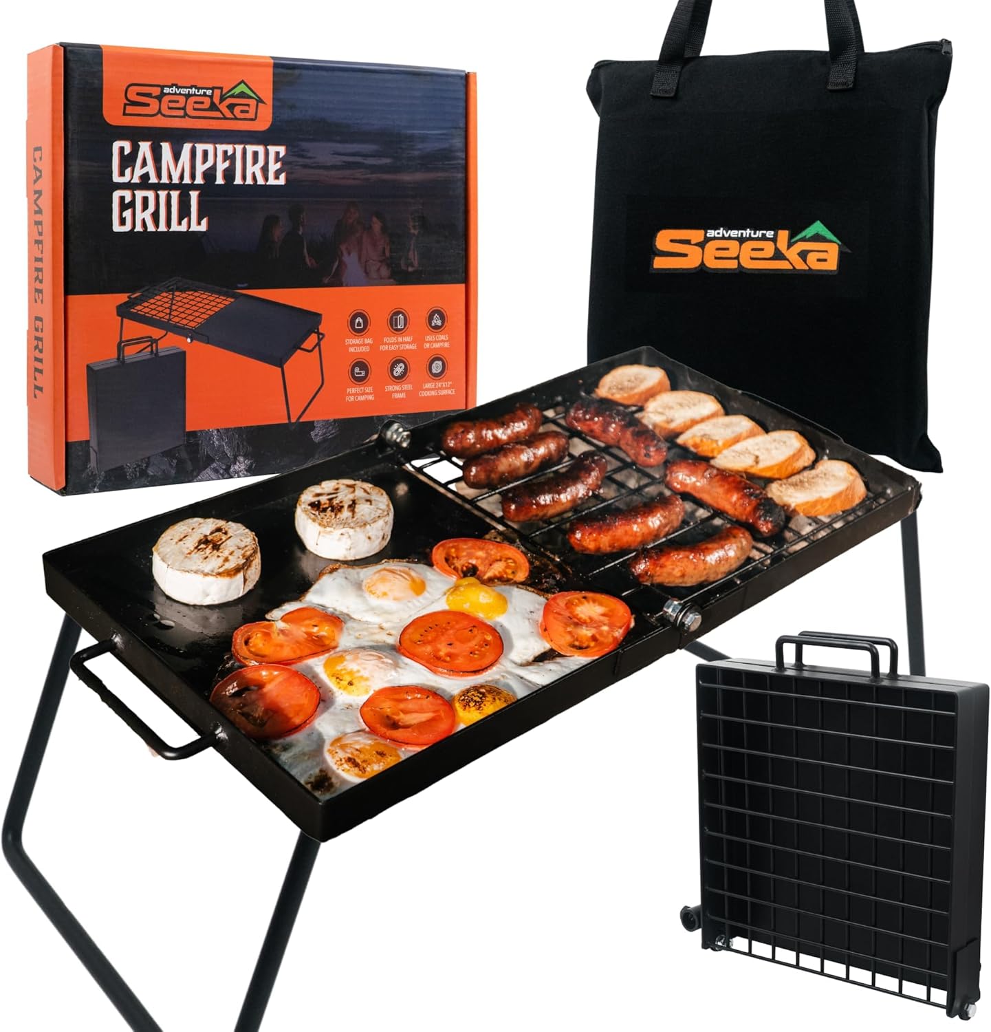 Adventure Seeka 24″ Heavy Duty Folding Campfire Grill, Food-Safe Cooking Surface, Compact Folding Design, Portable Grill Grate & Griddle for Campfire Cooking, Australian Designed & Owned