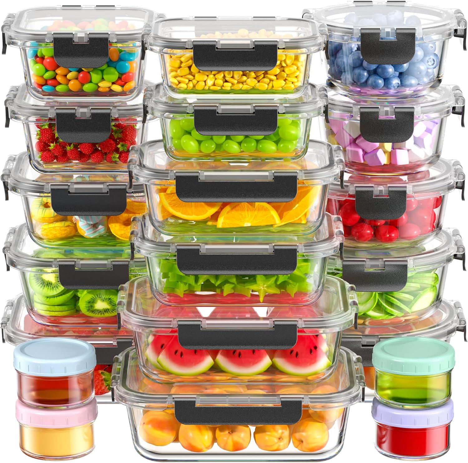 Canfanni 40 Piece Glass Food Storage Containers with Lids, Borosilicate Meal Prep Containers, BPA-Free, Stackable, Airtight Leak-Proof, Microwave, Dishwasher, Freezer Safe (20 lids & 20 Containers)
