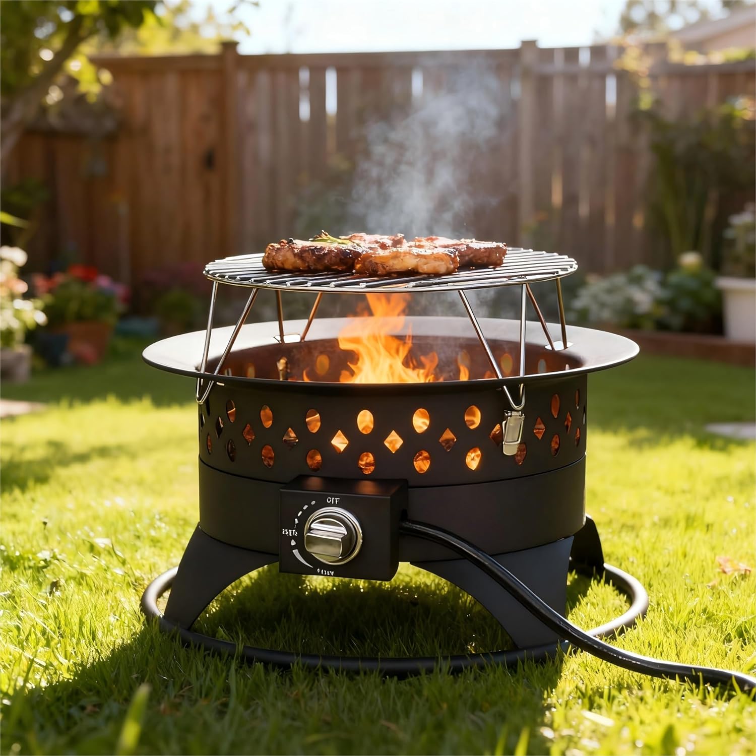 Breezz 20” Outdoor Fire Pit with Grill, 60000 BTU Smokeless Firepit, External Propane Required, Foldable Cooking Grate, Adjustable Flame, Patio Camping BBQ