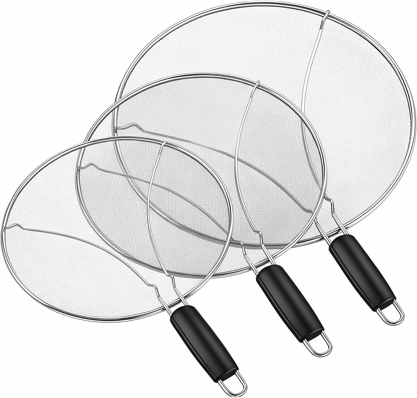 Splatter Screen for Frying Pan 3-Piece Set – Stainless Steel Grease Splatter Guard (13″, 11.4″, 9.8″) – Oil Splash Guard & Fine Mesh Cover for Cooking Bacon