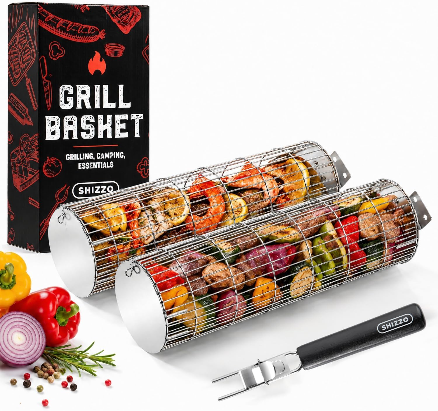 SHIZZO Rolling Grill Basket, Removable Wooden Handle, Extra Sturdy Cylinder Grilling Basket, Food Grade Stainless Steel, Portable Outdoor Camping accessories BBQ Net Rack, Cooking Griller for Fish, Vegetables, and More – Gifts for Men Dad Husband – Set of 2