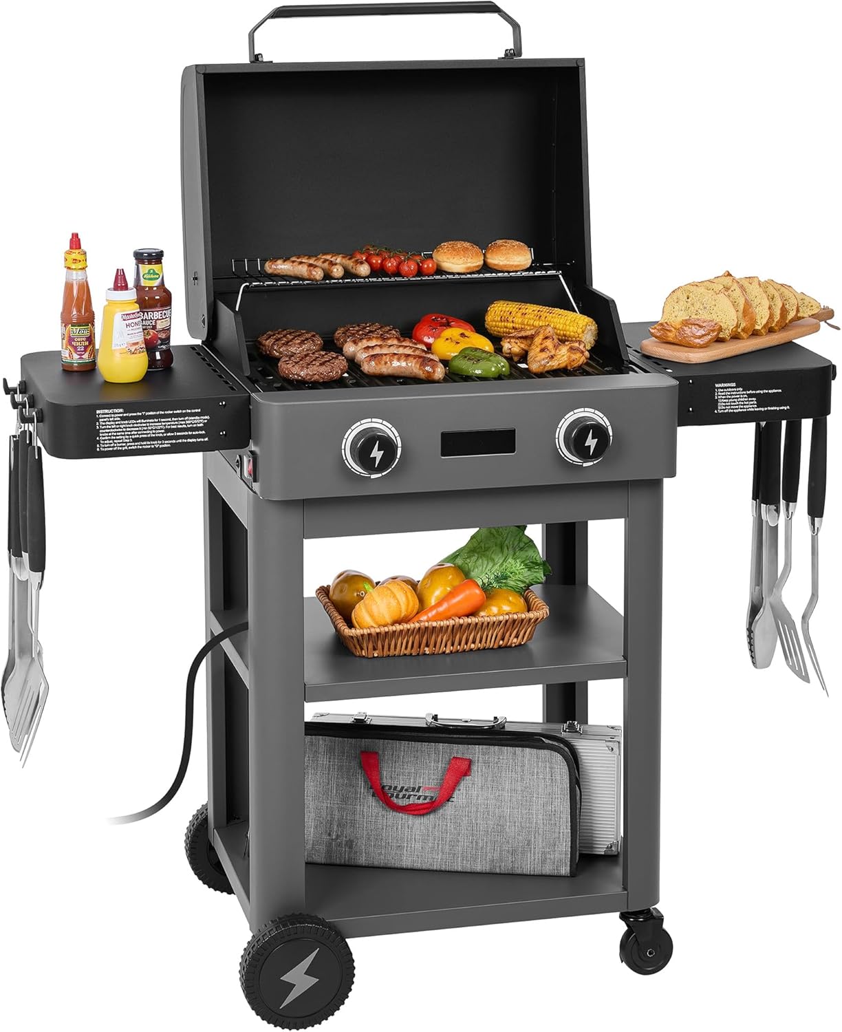 Royal Gourmet DL2001 Dual-Zone Electric Grill with Collapsible Side Shelves, 1800W Powerful Outdoor Electric Grill, 416 Sq. In., Digital Thermometer, Waterproof Switch, Backyard Cooking, Gray & Black