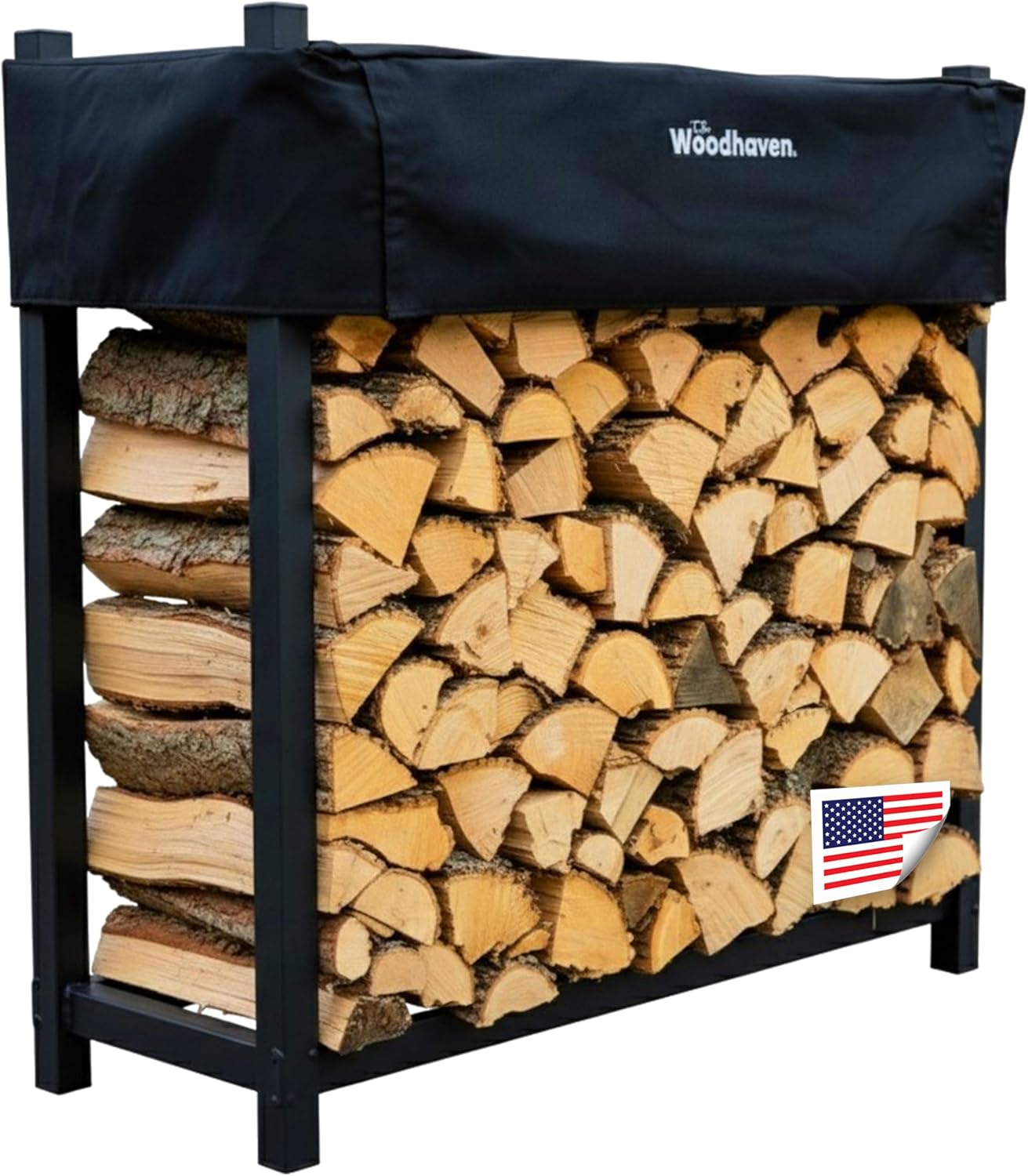 Woodhaven Black 4 Foot – Heavy Duty Made In USA – Indoor Outdoor – 1/4 Cord Firewood Storage Log Rack With Seasoning Cover Combo Set – Metal Log Storage – 48” x 48”