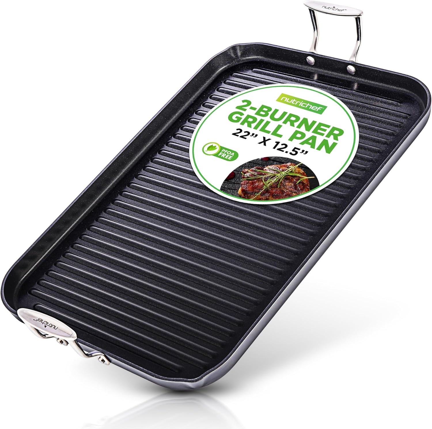 NutriChef 20″x13″ Stove Top Grill Pan – Double Burner, Hard-Anodized Non stick Grill & Griddle Pan