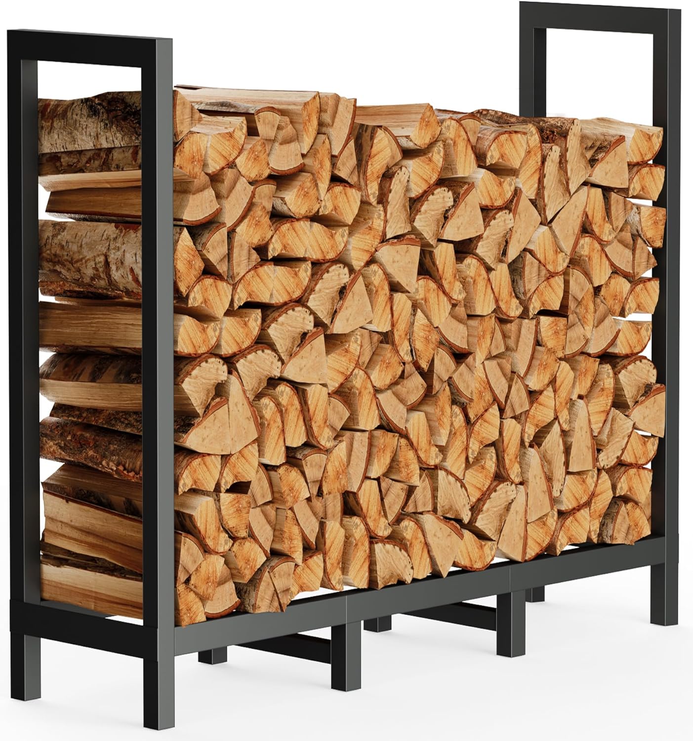 4ft Outdoor Firewood Rack Holder with 8 Support Legs for Fire Wood Pile Storage, Adjustable Heavy Duty Log Stacker Stand Organizer, Black