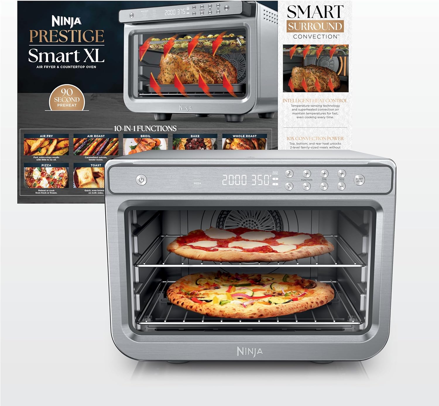 Ninja Air Fryer & Toaster Oven Combo | 10-in-1 Prestige Smart XL Countertop Oven | Bake up to 20 Cookies, Fit up to a 12lb Turkey | Pizza, Toast, Bake, Dehydrate | 1800 Watt | Stainless Steel | DT501​