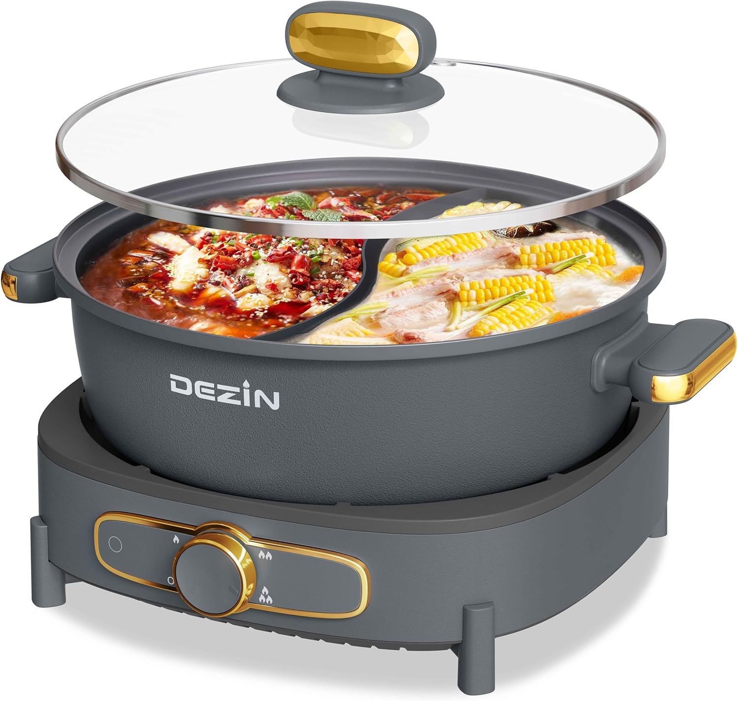 Dezin Hot Pot Electric with Divider, 6L Double-Flavor Shabu Shabu Pot, Dual Sided Removable Non-Stick Hotpot Pot Electric, 3″ Depth Chinese Hot Pot with Multi-Power Control, 2 Silicone Ladles Included