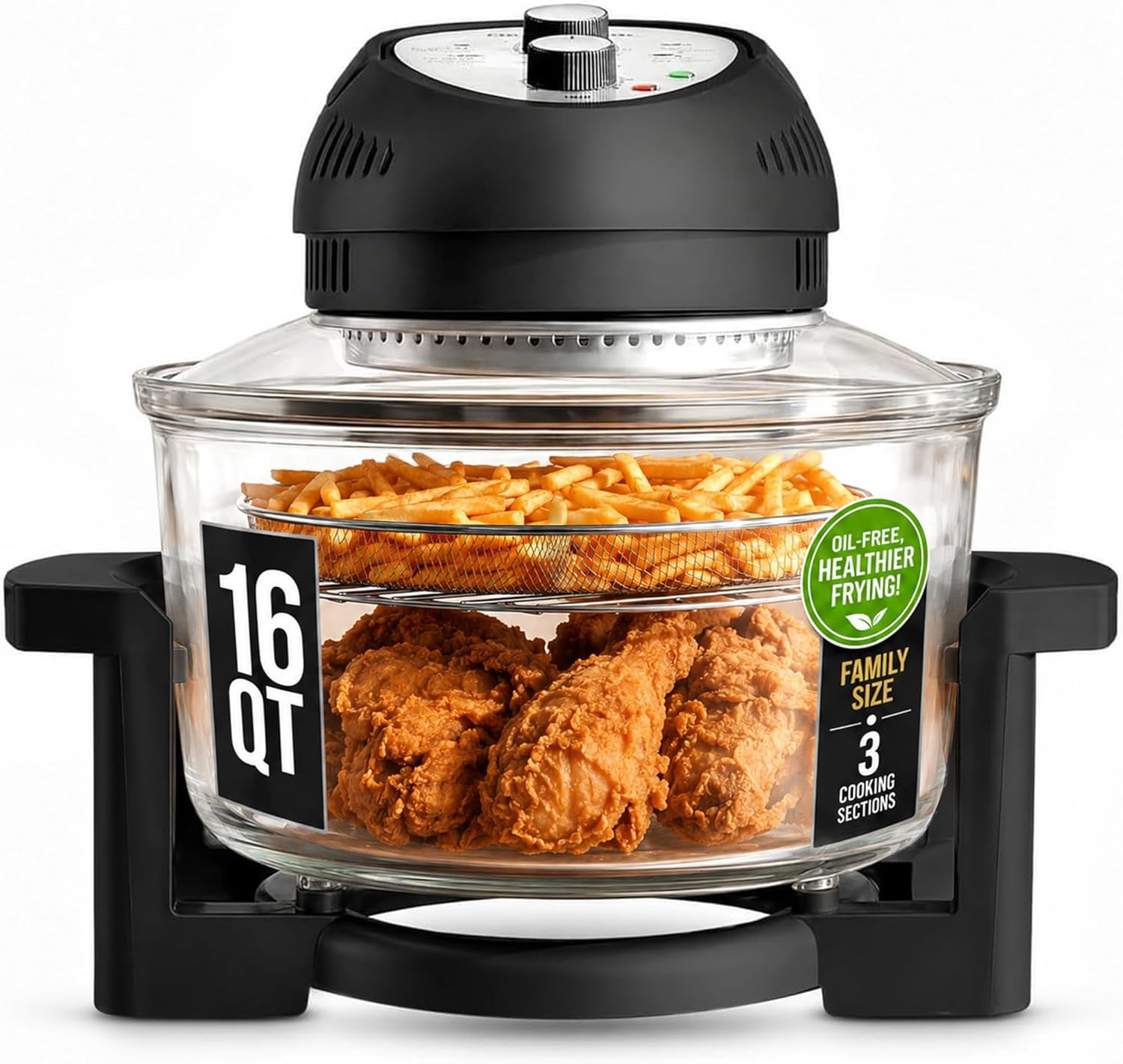 Granitestone 16 Qt Large Glass Air Fryer Non Toxic – Family Sized Airfyrer Cooker with 3 Cooking Sections, Stainless Steel Racks, No Preheat, Self Cleaning, Dishwasher Safe – Black