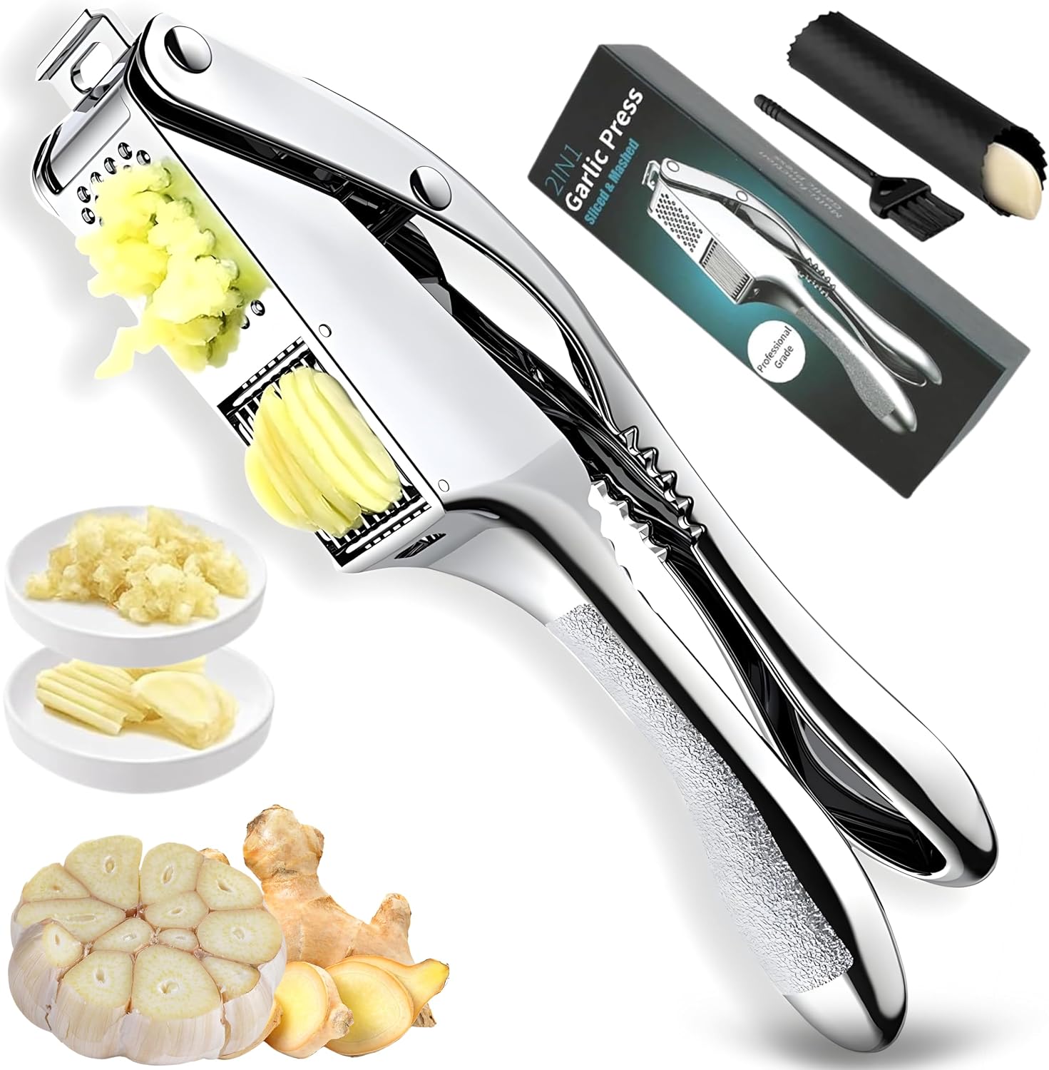 Garlic Press Stainless Steel – 3-in-1 Heavy Duty Garlic Press and Slicer, Professional Garlic Mincer Tool & Garlic Crusher with Ergonomic Handle, Dishwasher Safe Garlic Presser Set