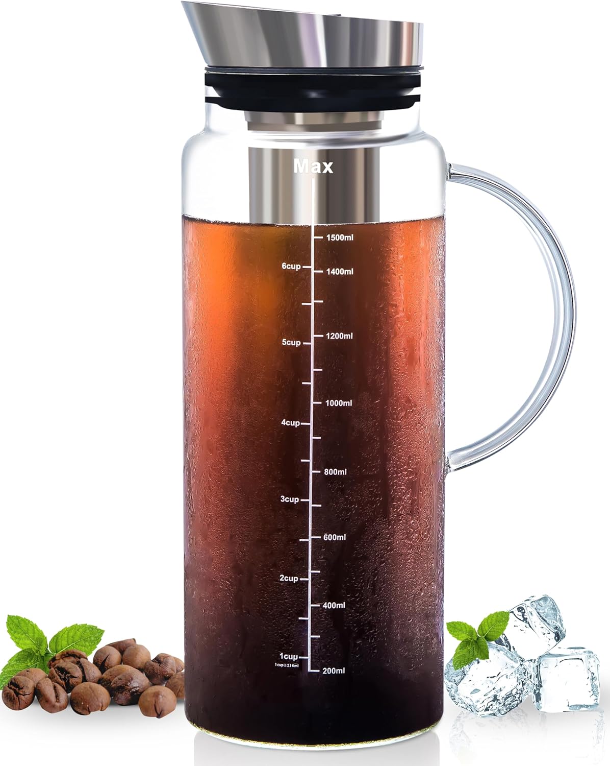 Aquach Cold Brew Coffee Iced Tea Maker & Fruit Pitcher – Large Capacity 51 Ounces – with Durable Glass Carafe/Fine Mesh Steel Infuser/Airtight Lid