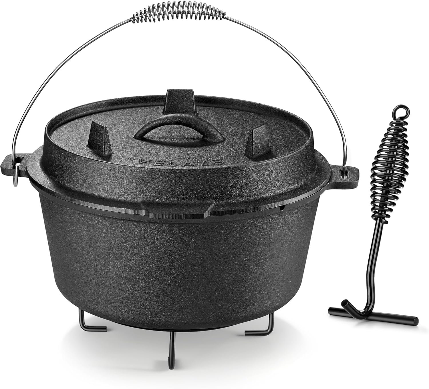 Velaze 10QT Camping Dutch Oven, Pre-Seasoned Cast Iron Camp Dutch Oven Pot with Lid, for Use in the Oven, on the Stove, Grill, or over the Campfire – Metal Handle, Lid Lifter, and Stand Support