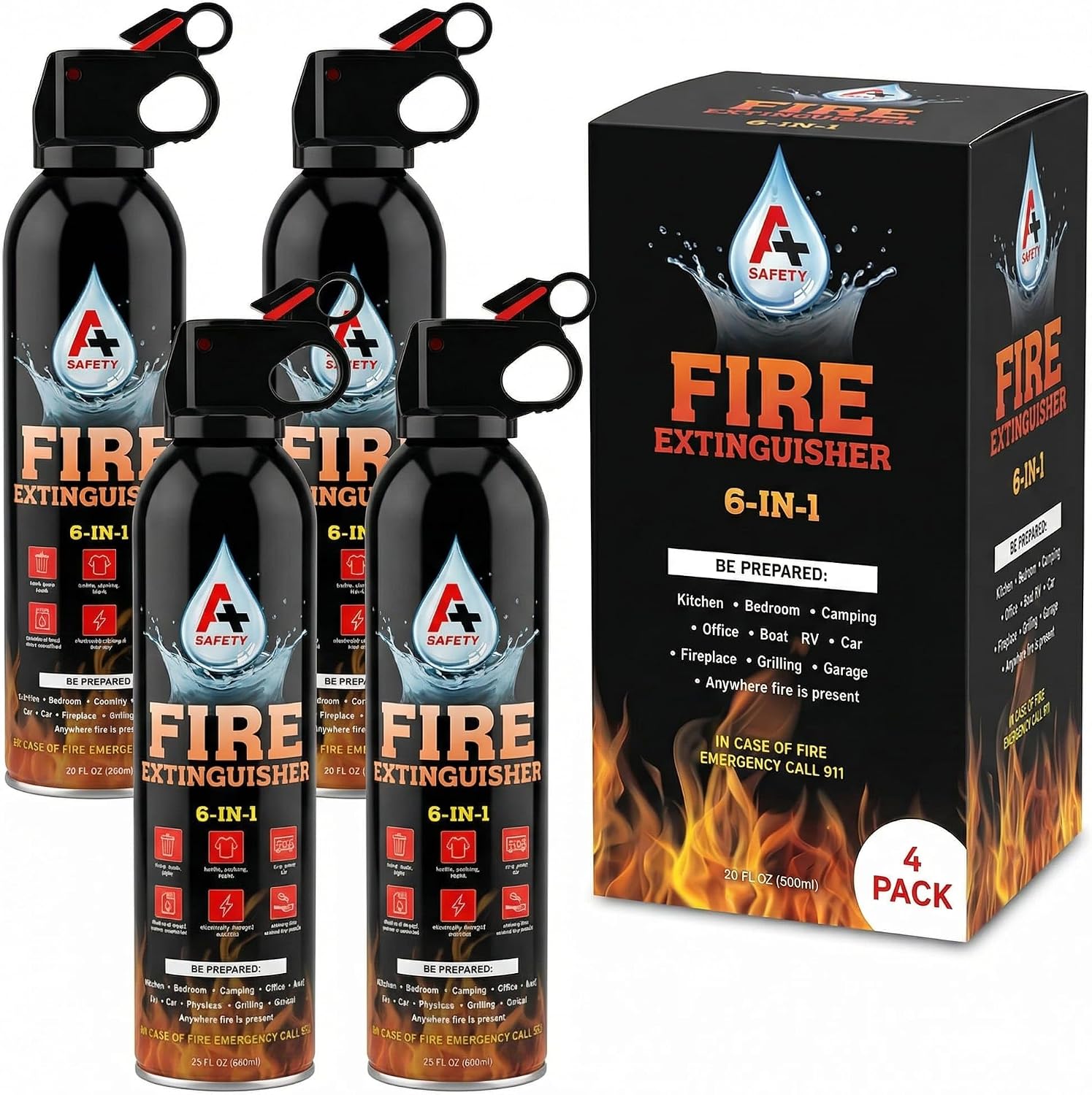 A+ Safety Fire Extinguisher, Portable, Safe to Store in Cars & Garages, Great for Airbnb Trips, College Students, & Home Use, Mounting Brackets Included for Quick Access, 4-Pack