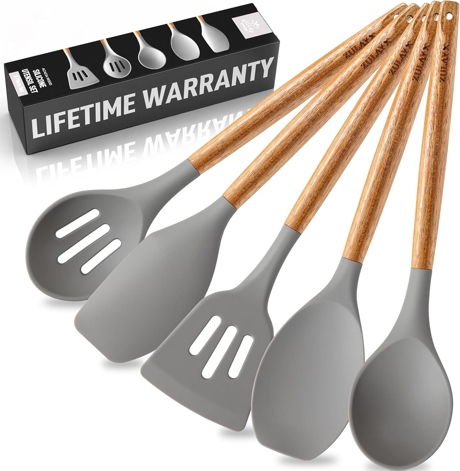 Zulay Kitchen Utensils Set Non-Stick Silicone Cooking Utensils Set with Authentic Acacia Wood Handles – 5 Piece Silicone Utensil Set – Kitchen Utensils Set with 464°F Heat Resistance – Gray