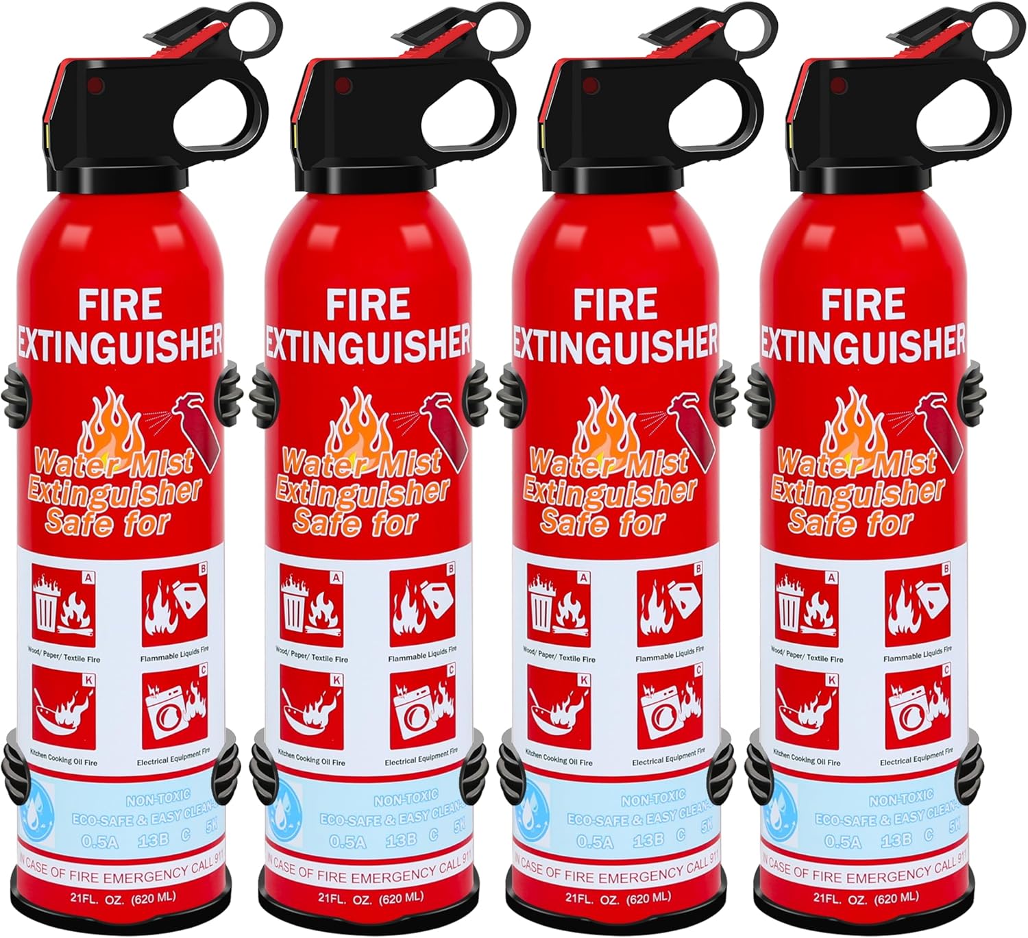 4-Pack Home Fire Extinguisher with Wall Mount, Portable A B C K Class Household Fire Extinguisher for Kitchen, House, Boat & Car, Non-Toxic, Anti-Re-Ignition & Easy Clean