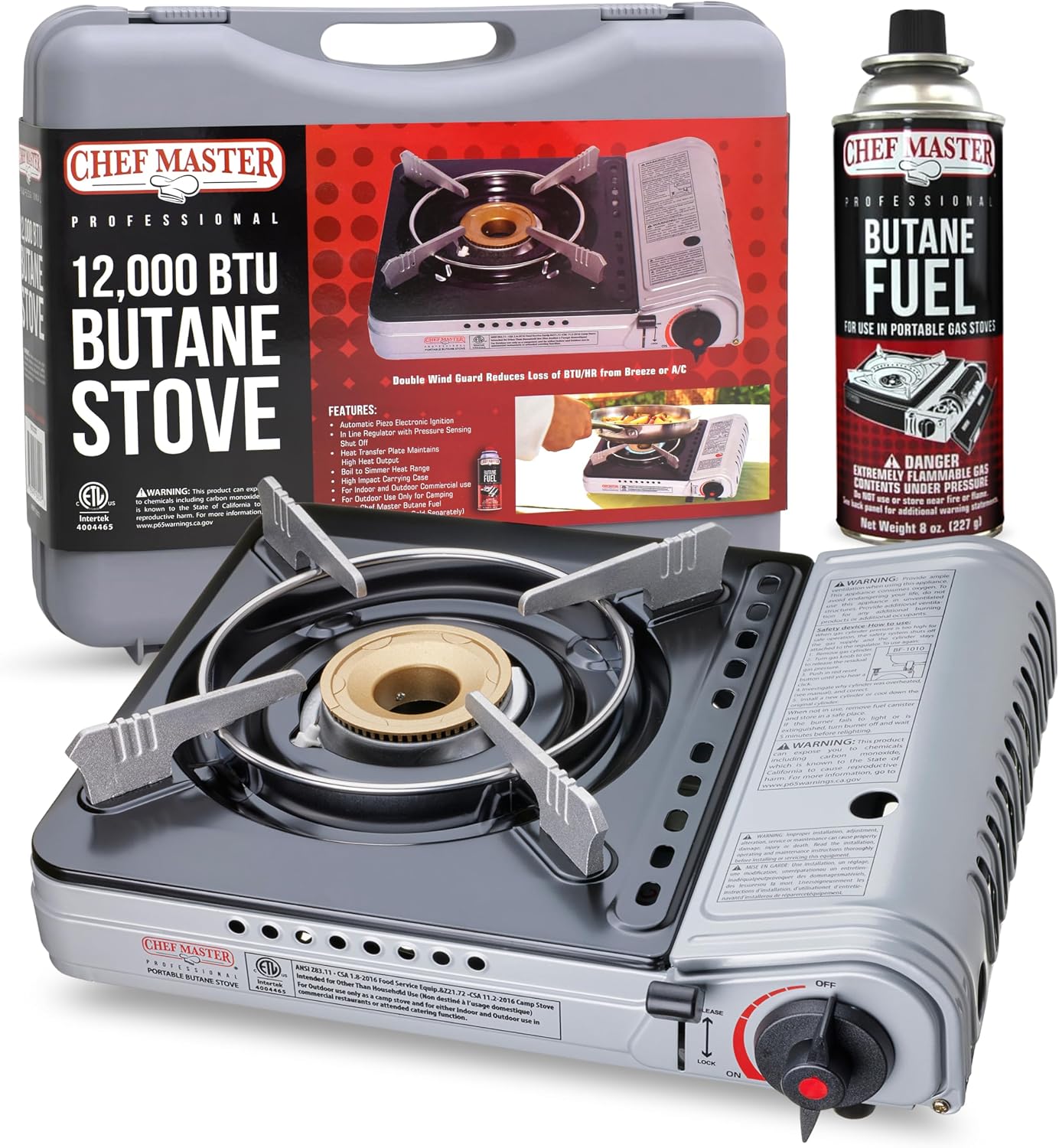 Chef Master 12,000 BTU Portable Butane Stove – Gas Burner for Camping & Outdoor Cooking – Countertop Cooktop with Carry Case, Wind Guard & Electronic Ignition – Portable Cooker & Burner Stove – 90235