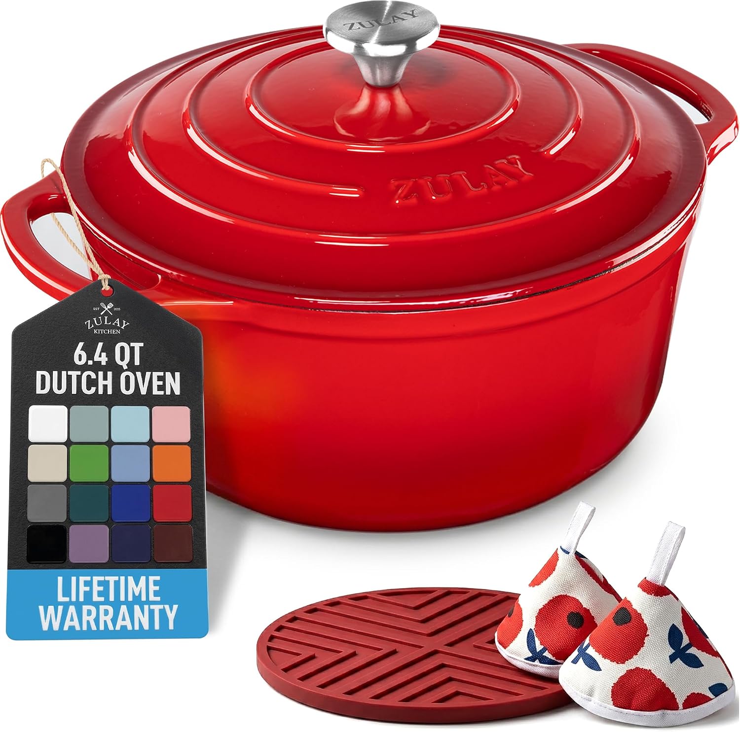 Zulay Kitchen 6.4QT Enameled Cast Iron Dutch Oven Pot with Lid, Heat Pad & Trivet, Heavy-Duty Soup Pot for Stews, Braising, Roasting & Sourdough Bread Baking, Oven Safe up to 500°F – Ablaze Red