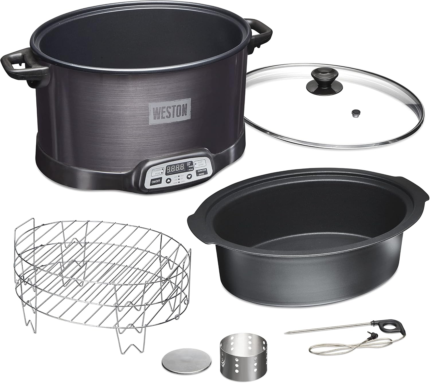 WESTON BRANDS 2-in-1 Indoor Electric Smoker & Programmable Slow Cooker, 6 Quart, With 3-Tier Smoking Rack for Meat, Cheese and More, Dishwasher Safe Crock, Temperature Probe, Black (03-2500-W)